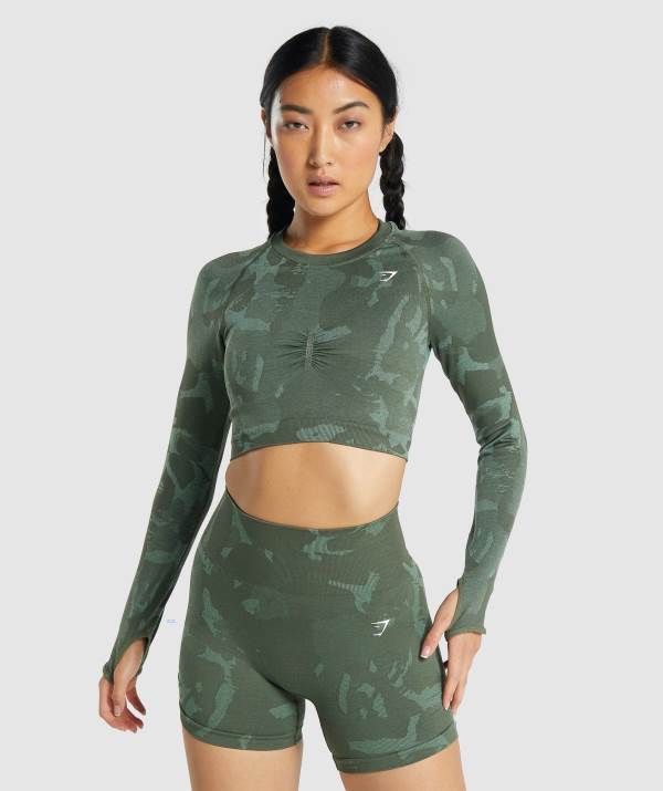 Damske Crop Top Gymshark Adapt Camo Seamless Long Sleeve Zelene | GV2684037